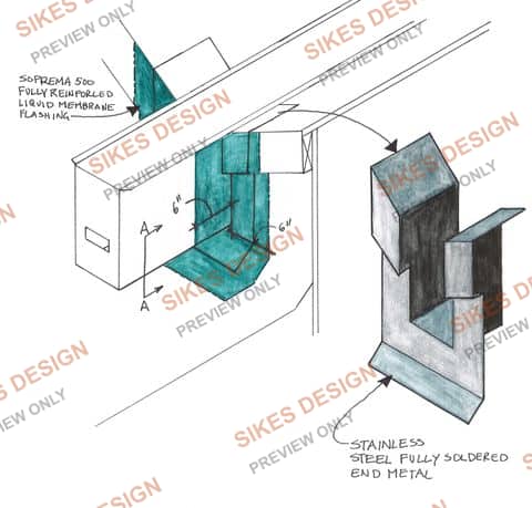 Gutter / Drain End Detail — Liquid Membrane and Soldered End Metal — watermarked preview